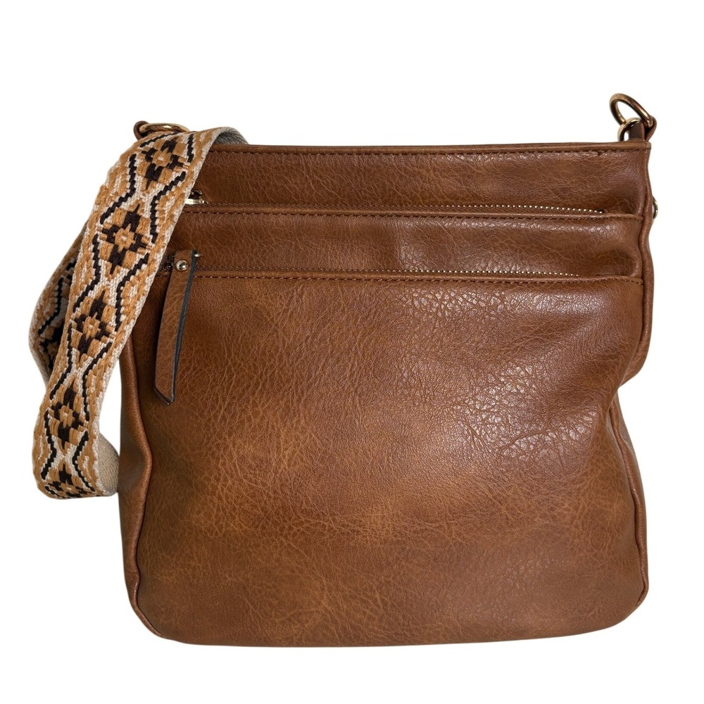 Le Miel Cognac Brown Vegan Leather Crossbody Bag with Geometric Guitar Strap